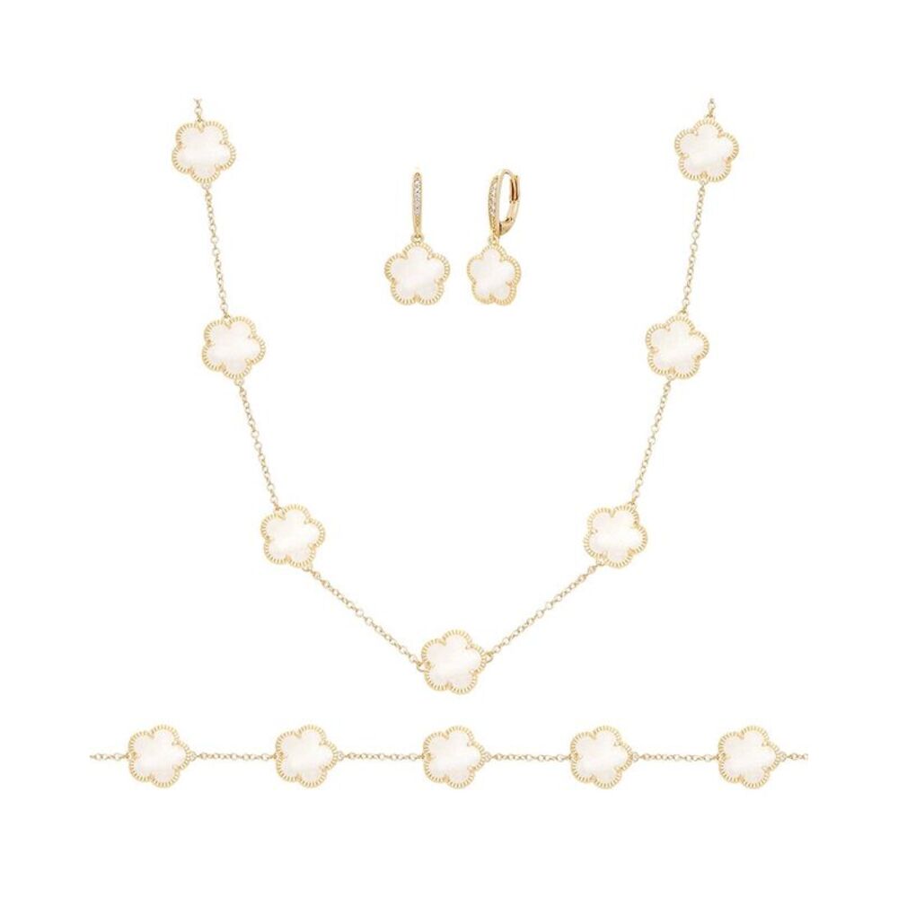Jankuo 14K Plated Mother Of Pearl Cz Bracelet, Earrings, & Necklace Set, White